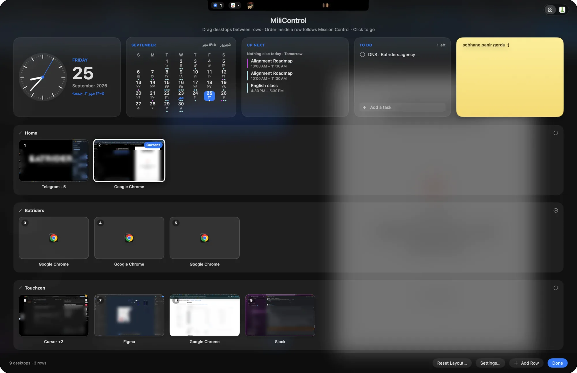 MiliControl's grid view: a dashboard with a clock, a month calendar with Persian dates, upcoming events, a to-do list and a sticky note, above three rows of desktop previews